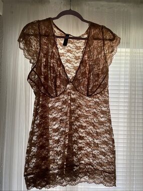 Brown Lace Sheer Tunic Top